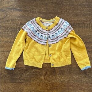 Mini Boden Kids Mustard Wool Cardigan with Blue Birds